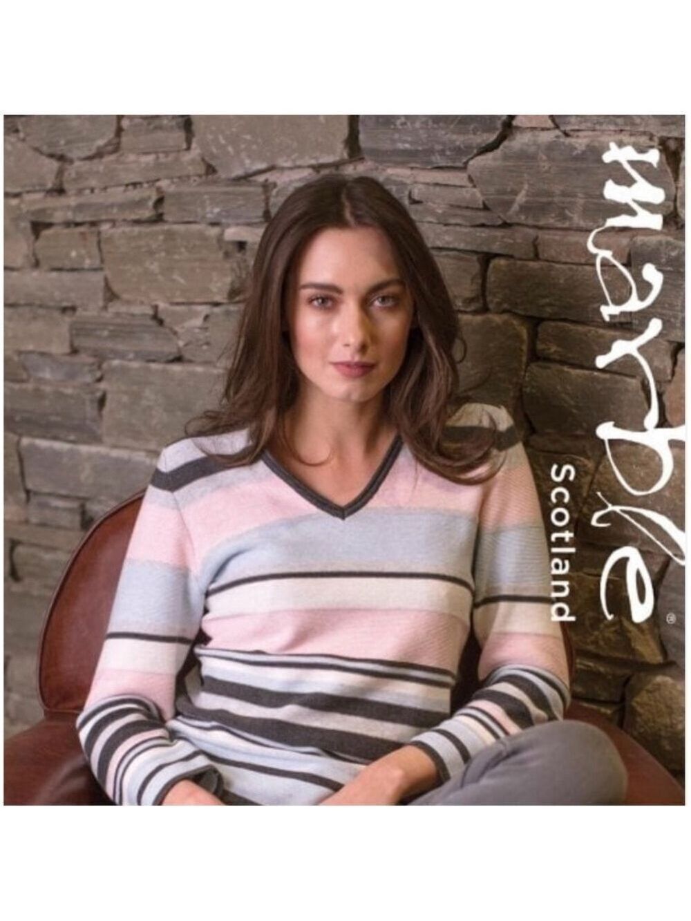 MARBLE Scotland 100% Cotton Lightweight Stripe Vee Neck Sweater Sz XL
